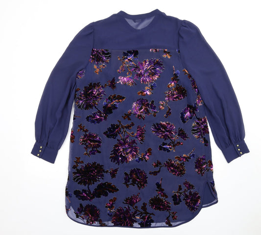 Autograph Womens Blue Floral Viscose Shirt Dress Size 14 Round Neck Button