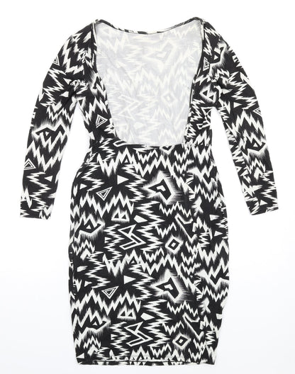 ASOS Womens Black Geometric Viscose Bodycon Size 12 Round Neck Pullover