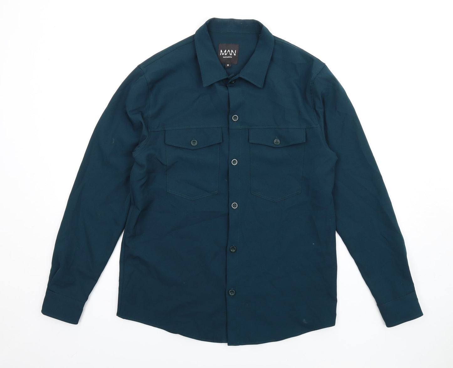 Boohoo Mens Green Polyester Button-Up Size S Collared Button