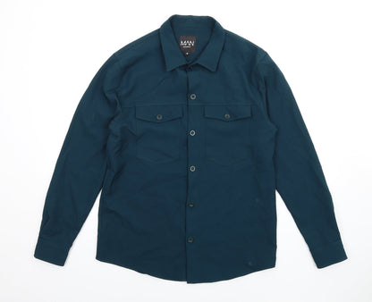 Boohoo Mens Green Polyester Button-Up Size S Collared Button
