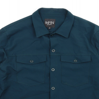 Boohoo Mens Green Polyester Button-Up Size S Collared Button