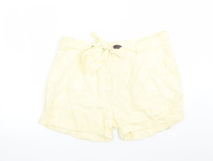 Marks and Spencer Womens Yellow Geometric Flax Chino Shorts Size 20 L4 in Regular Zip - Elasticated Waist Belted