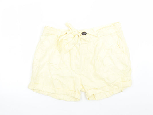 Marks and Spencer Womens Yellow Geometric Flax Chino Shorts Size 20 L4 in Regular Zip - Elasticated Waist Belted