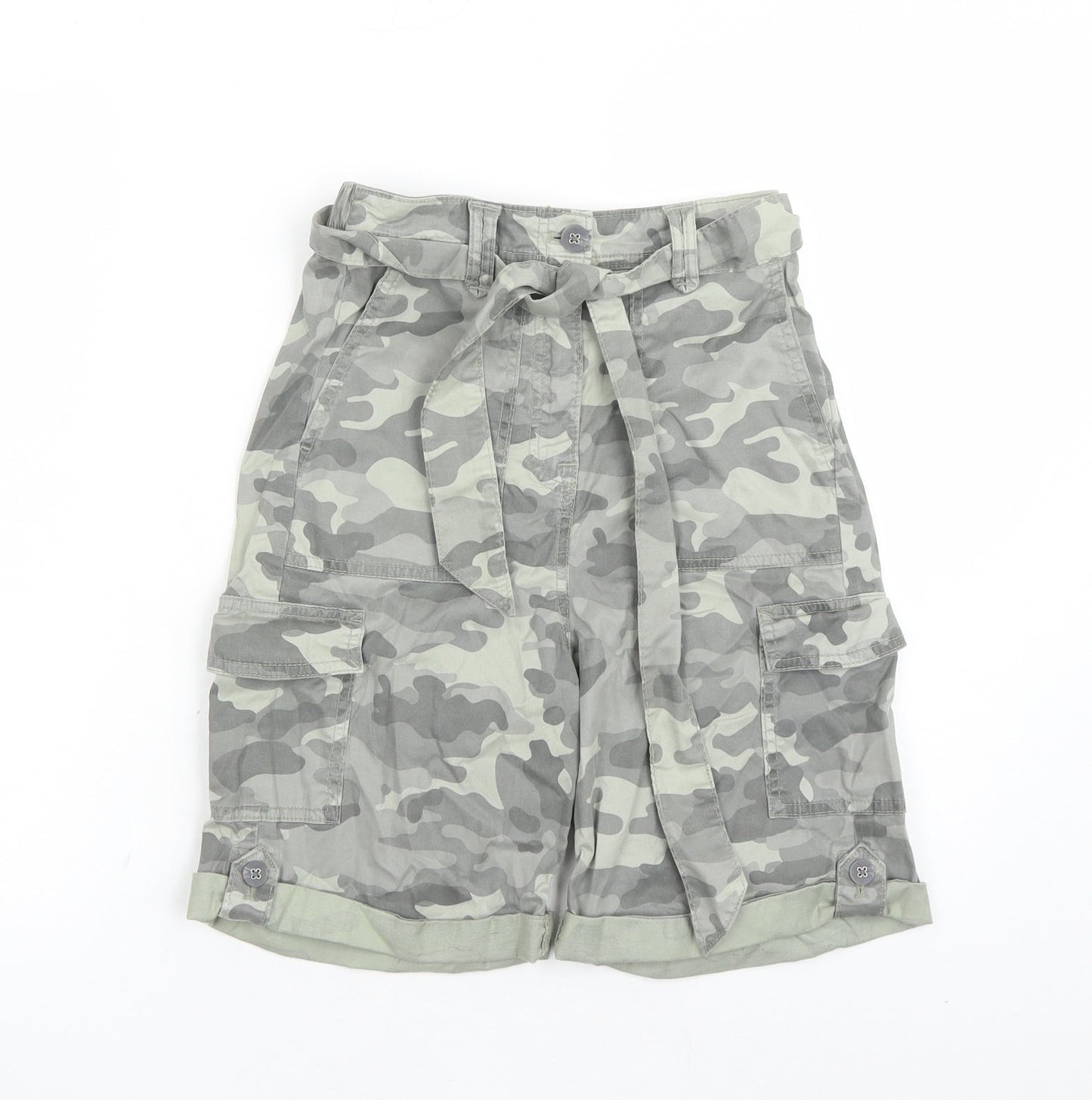Marks and Spencer Womens Green Camouflage Lyocell Cargo Shorts Size 6 L7 in Regular Zip - Elasticated Waist Belted