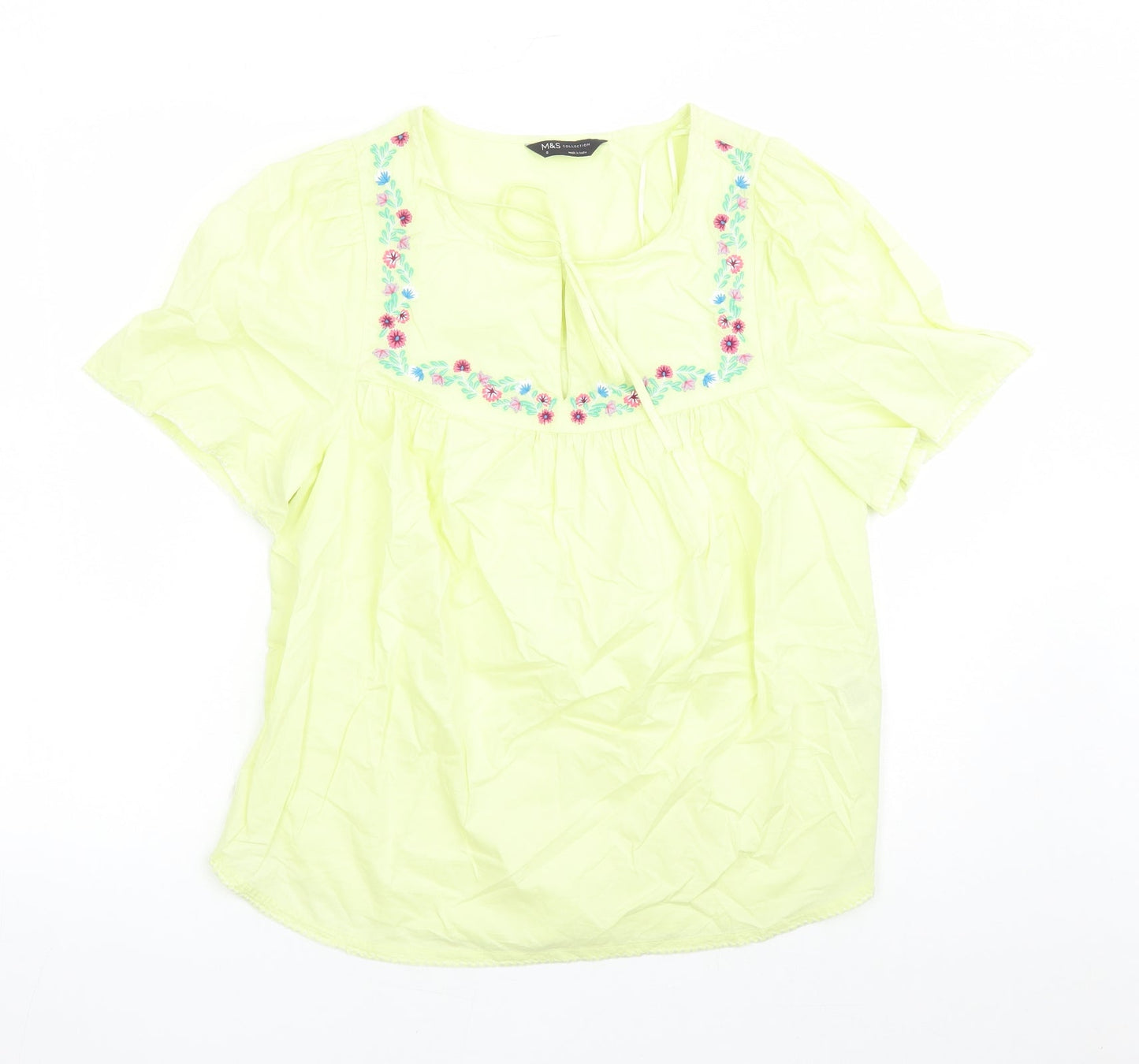 Marks and Spencer Womens Yellow Floral Cotton Basic Blouse Size 8 Round Neck - Embroidered Flowers Keyhole Neckline