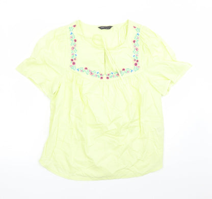 Marks and Spencer Womens Yellow Floral Cotton Basic Blouse Size 8 Round Neck - Embroidered Flowers Keyhole Neckline