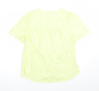 Marks and Spencer Womens Yellow Floral Cotton Basic Blouse Size 8 Round Neck - Embroidered Flowers Keyhole Neckline