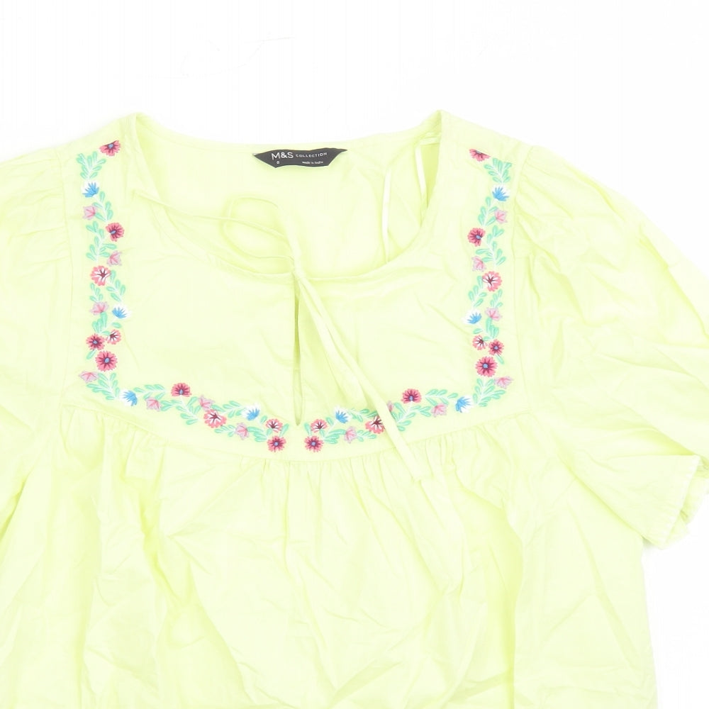 Marks and Spencer Womens Yellow Floral Cotton Basic Blouse Size 8 Round Neck - Embroidered Flowers Keyhole Neckline