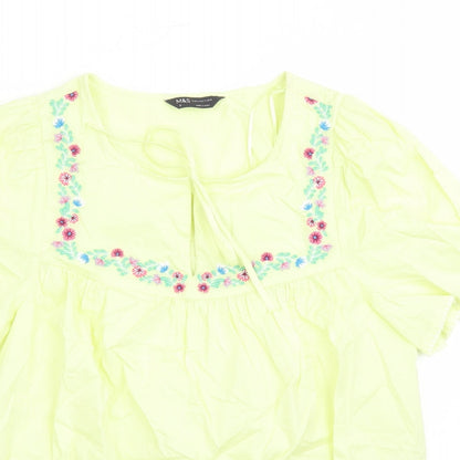 Marks and Spencer Womens Yellow Floral Cotton Basic Blouse Size 8 Round Neck - Embroidered Flowers Keyhole Neckline