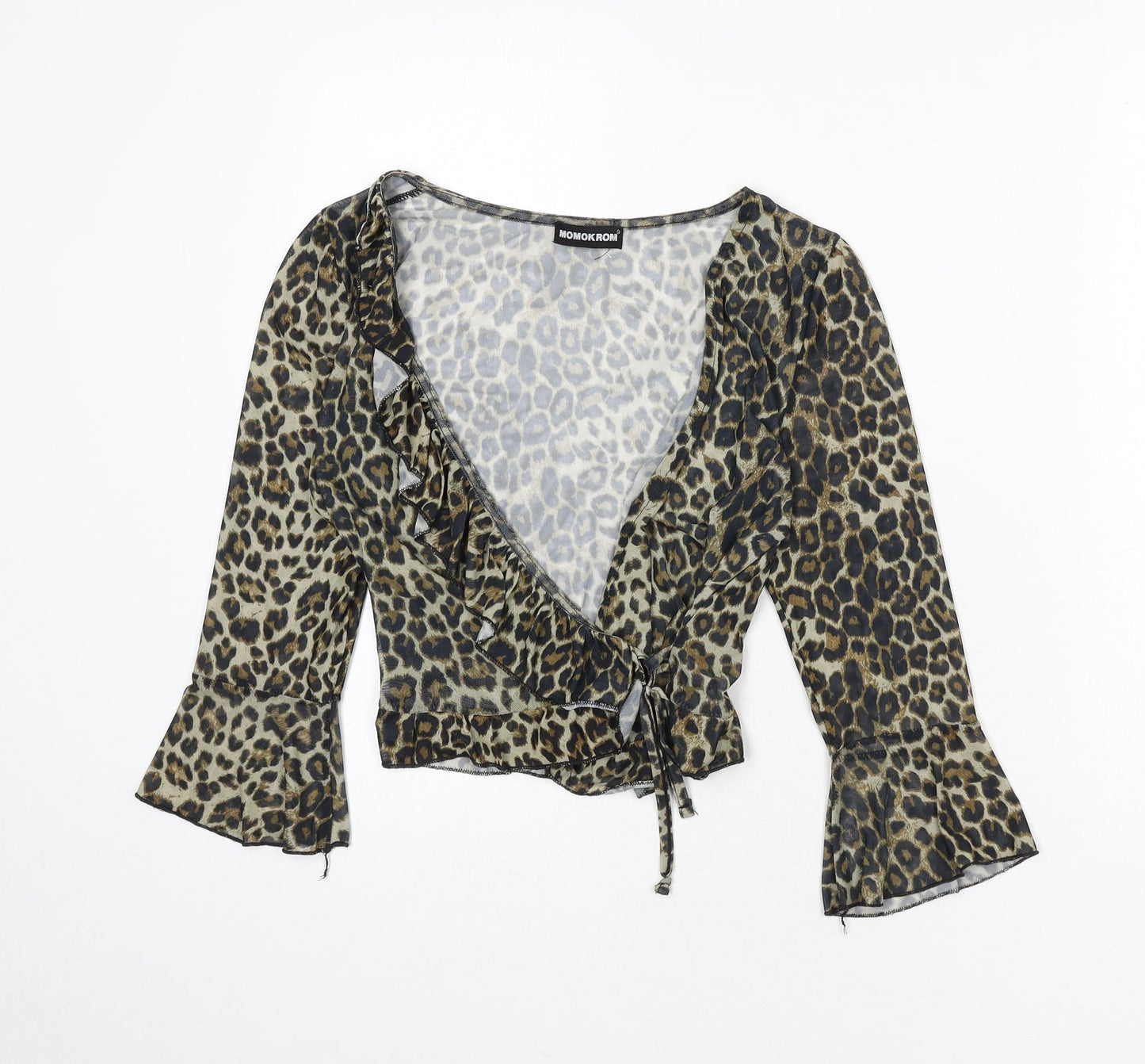 Momokrom Womens Multicoloured Animal Print Polyester Wrap T-Shirt Size 8 V-Neck - Leopard Print, Cropped