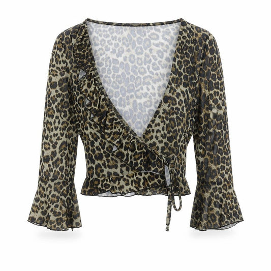 Momokrom Womens Multicoloured Animal Print Polyester Wrap T-Shirt Size 8 V-Neck - Leopard Print, Cropped
