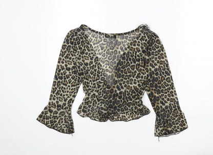 Momokrom Womens Multicoloured Animal Print Polyester Wrap T-Shirt Size 8 V-Neck - Leopard Print, Cropped