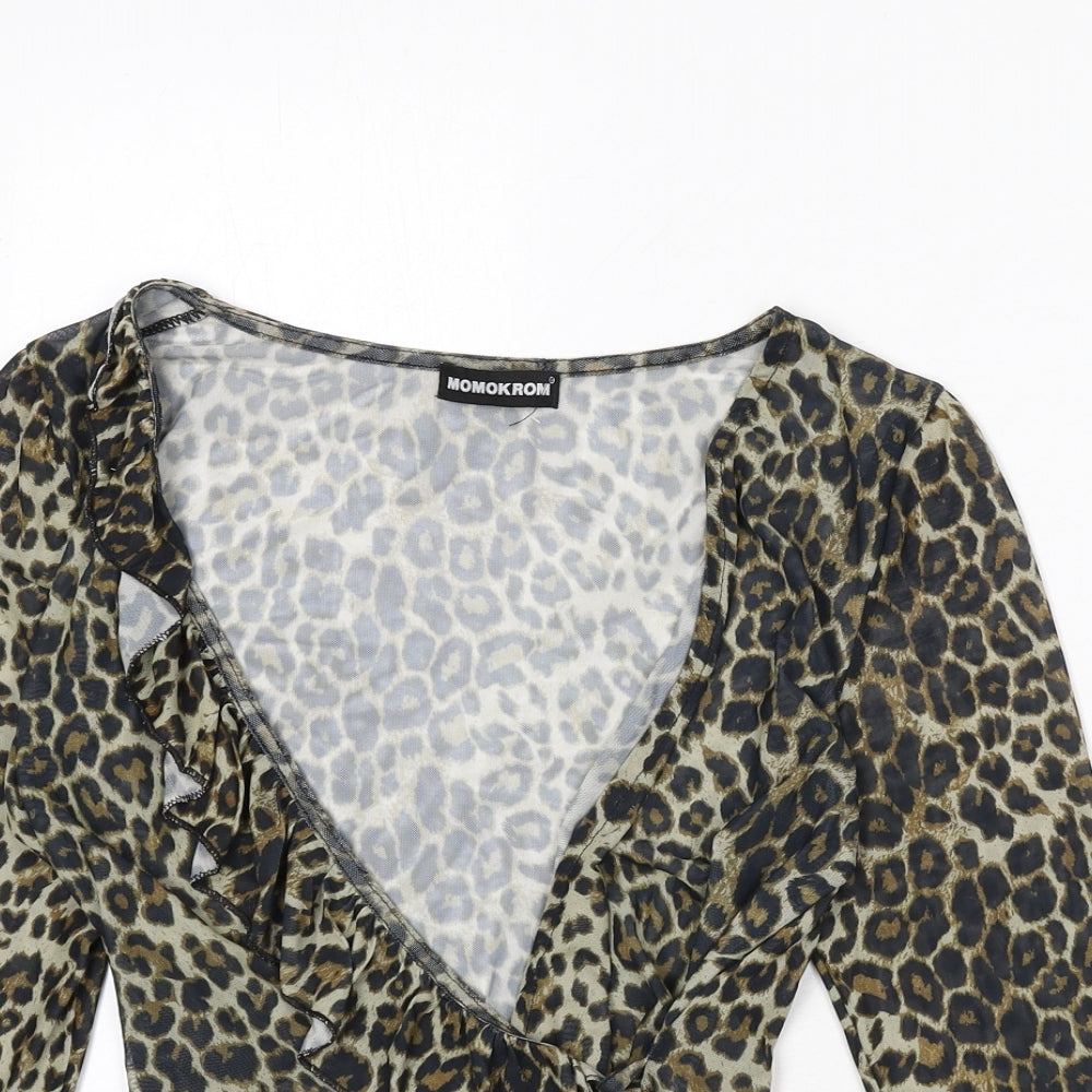 Momokrom Womens Multicoloured Animal Print Polyester Wrap T-Shirt Size 8 V-Neck - Leopard Print, Cropped