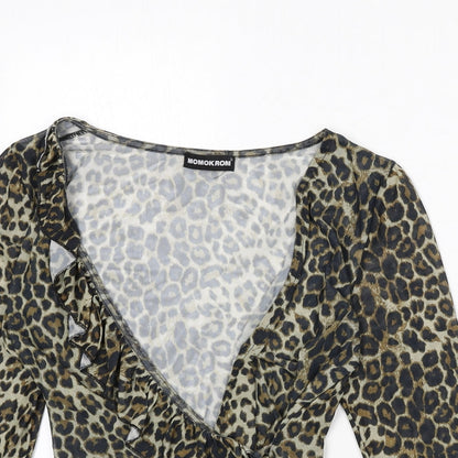 Momokrom Womens Multicoloured Animal Print Polyester Wrap T-Shirt Size 8 V-Neck - Leopard Print, Cropped