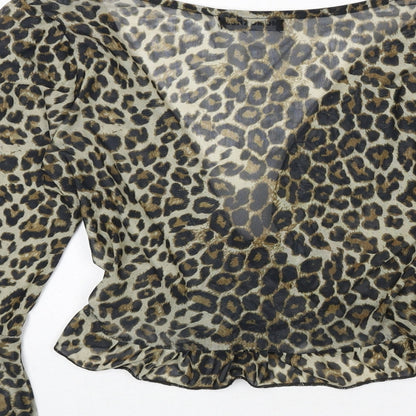 Momokrom Womens Multicoloured Animal Print Polyester Wrap T-Shirt Size 8 V-Neck - Leopard Print, Cropped