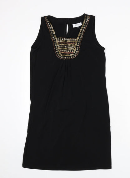 Wallis Womens Black Polyester Sheath Size 10 Round Neck Button - Beaded Detail