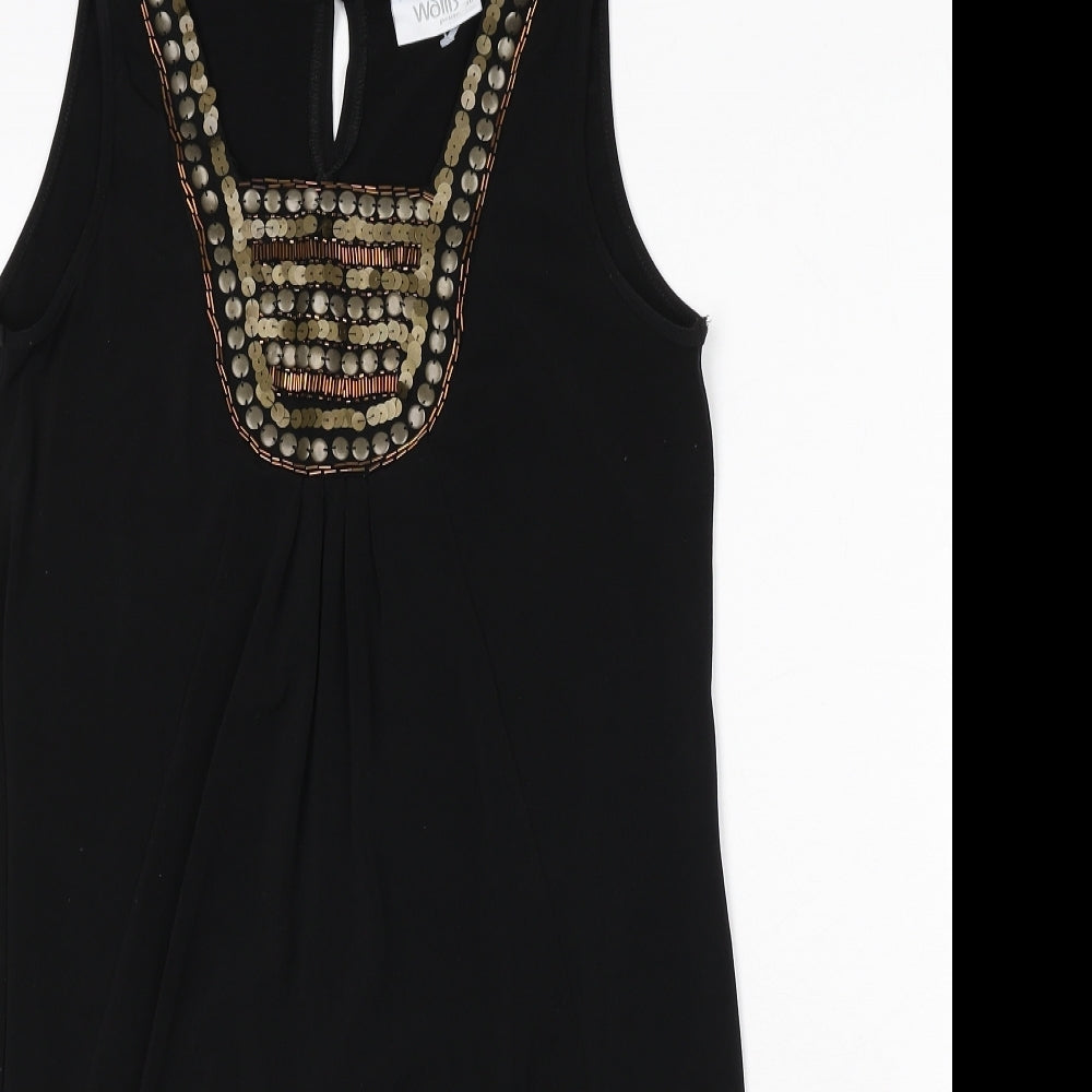 Wallis Womens Black Polyester Sheath Size 10 Round Neck Button - Beaded Detail