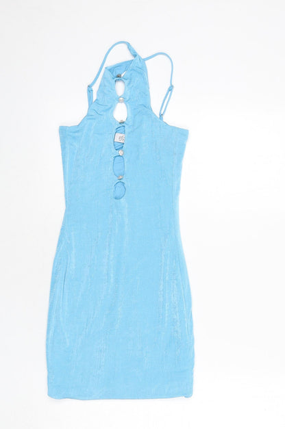 Oh Polly Womens Blue Polyester Mini Size 8 Halter Pullover - Cut Out Detail