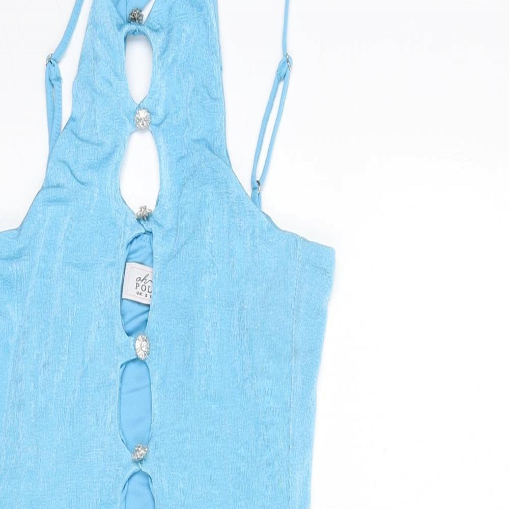 Oh Polly Womens Blue Polyester Mini Size 8 Halter Pullover - Cut Out Detail