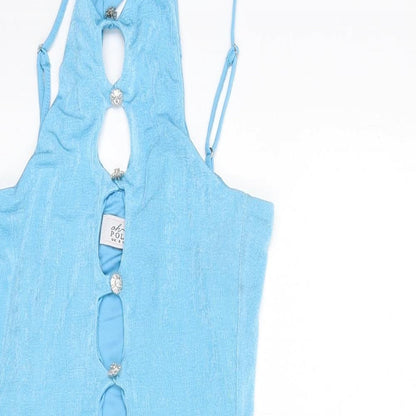 Oh Polly Womens Blue Polyester Mini Size 8 Halter Pullover - Cut Out Detail
