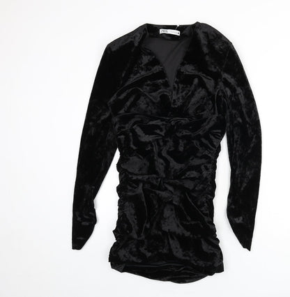 Zara Womens Black Polyester Bodycon Size M V-Neck Zip - Ruched Sides