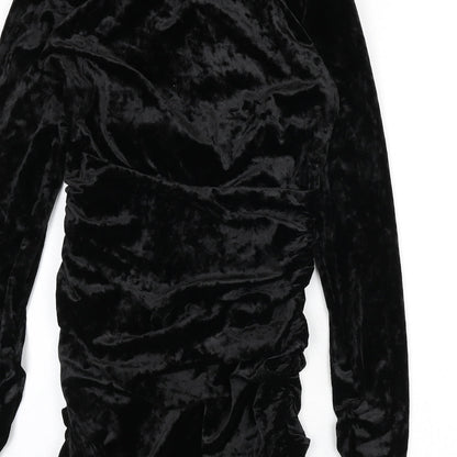 Zara Womens Black Polyester Bodycon Size M V-Neck Zip - Ruched Sides