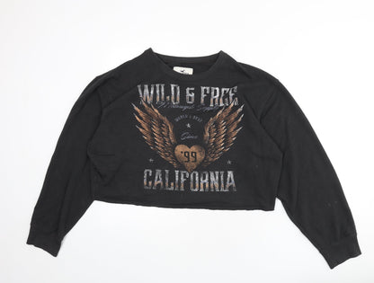 Hollister Womens Grey Cotton Pullover Sweatshirt Size L Pullover - Cropped, Slogan, Heart, Wings