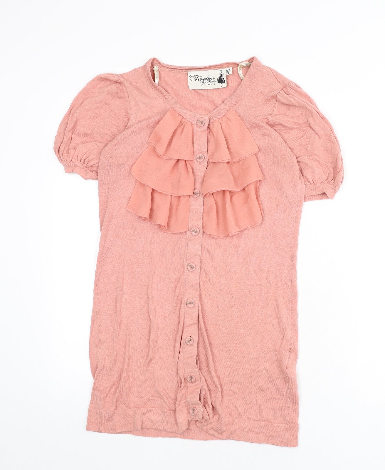 Twelve by Twelve Womens Pink Round Neck Silk Cardigan Jumper Size L - Ruffles