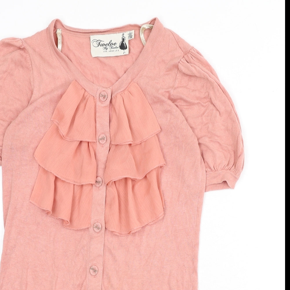 Twelve by Twelve Womens Pink Round Neck Silk Cardigan Jumper Size L - Ruffles