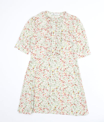 Zara Womens Multicoloured Floral Polyester A-Line Size M Round Neck Button