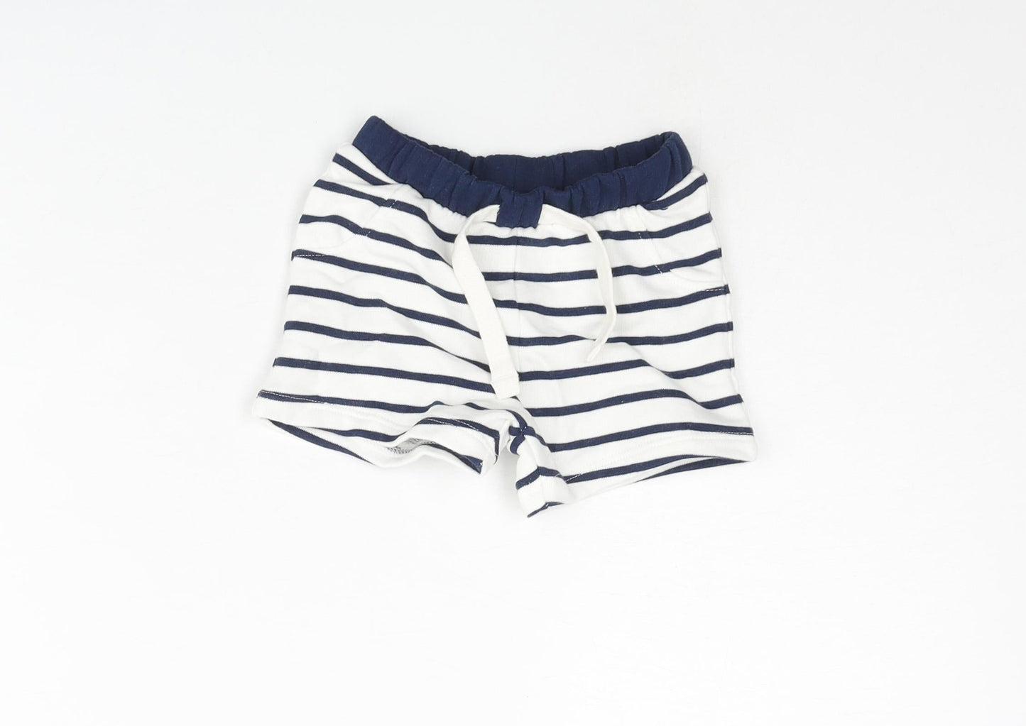 Marks and Spencer Boys White Striped Cotton Cropped Trousers Size 0-3 Months Drawstring