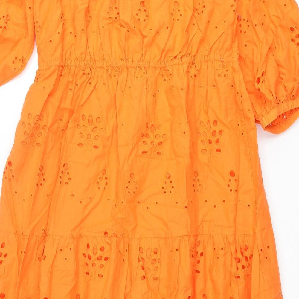 Marks and Spencer Womens Orange Cotton Maxi Size 10 V-Neck Button - Broderie Anglaise