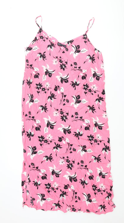 Marks and Spencer Womens Pink Floral Viscose Shift Size 14 Scoop Neck Pullover - Side Slits