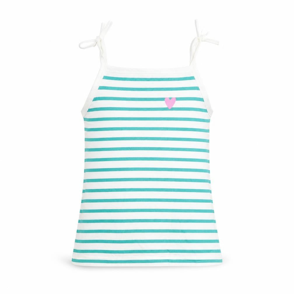 Front view of Marks & Spencer girls’ blue striped cotton basic tank, size 2-3, years square neck pullover - embroidered heart