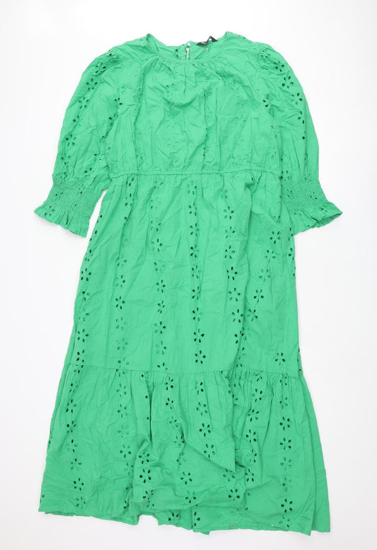 Marks and Spencer Womens Green Cotton Maxi Size 16 Round Neck Tie - Broderie Anglaise
