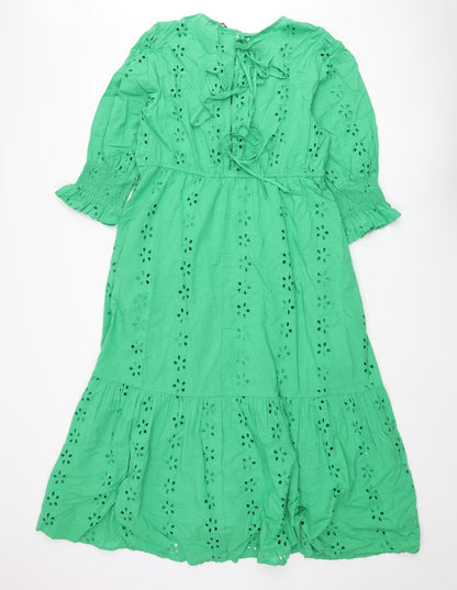 Marks and Spencer Womens Green Cotton Maxi Size 16 Round Neck Tie - Broderie Anglaise