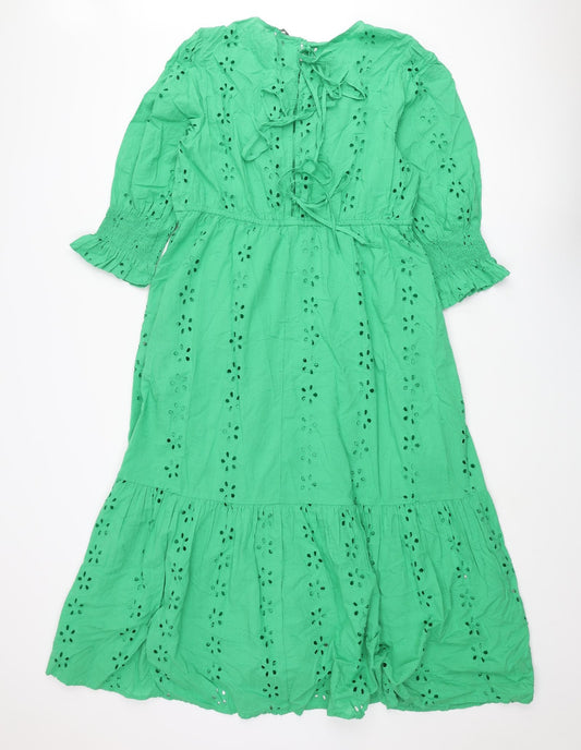 Marks and Spencer Womens Green Cotton Maxi Size 16 Round Neck Tie - Broderie Anglaise