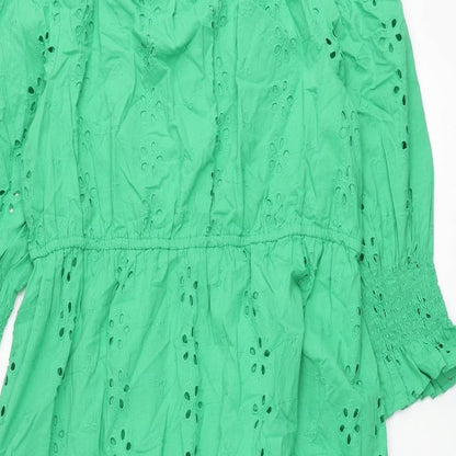 Marks and Spencer Womens Green Cotton Maxi Size 16 Round Neck Tie - Broderie Anglaise