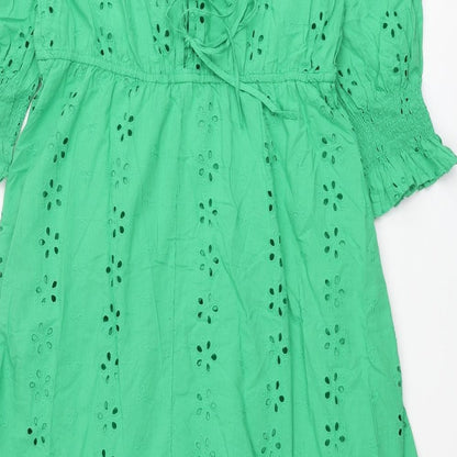 Marks and Spencer Womens Green Cotton Maxi Size 16 Round Neck Tie - Broderie Anglaise