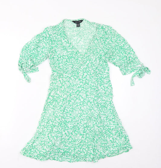 New Look Womens Green Floral Viscose Mini Size 8 V-Neck Pullover