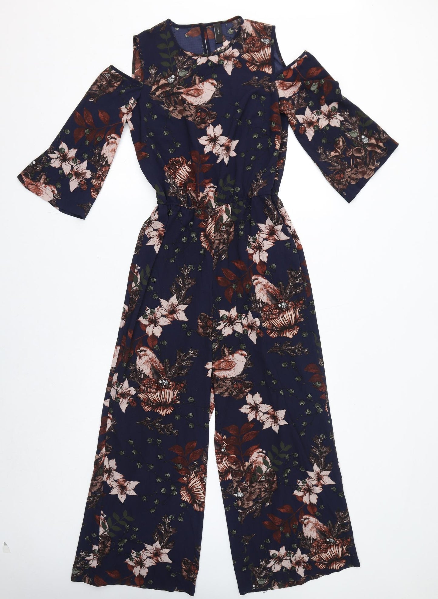 Y.A.S Womens Blue Floral Polyester Jumpsuit One-Piece Size S L25 in Button - Open Shoulder, Birds, Leaves