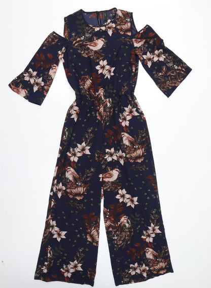 Y.A.S Womens Blue Floral Polyester Jumpsuit One-Piece Size S L25 in Button - Open Shoulder, Birds, Leaves