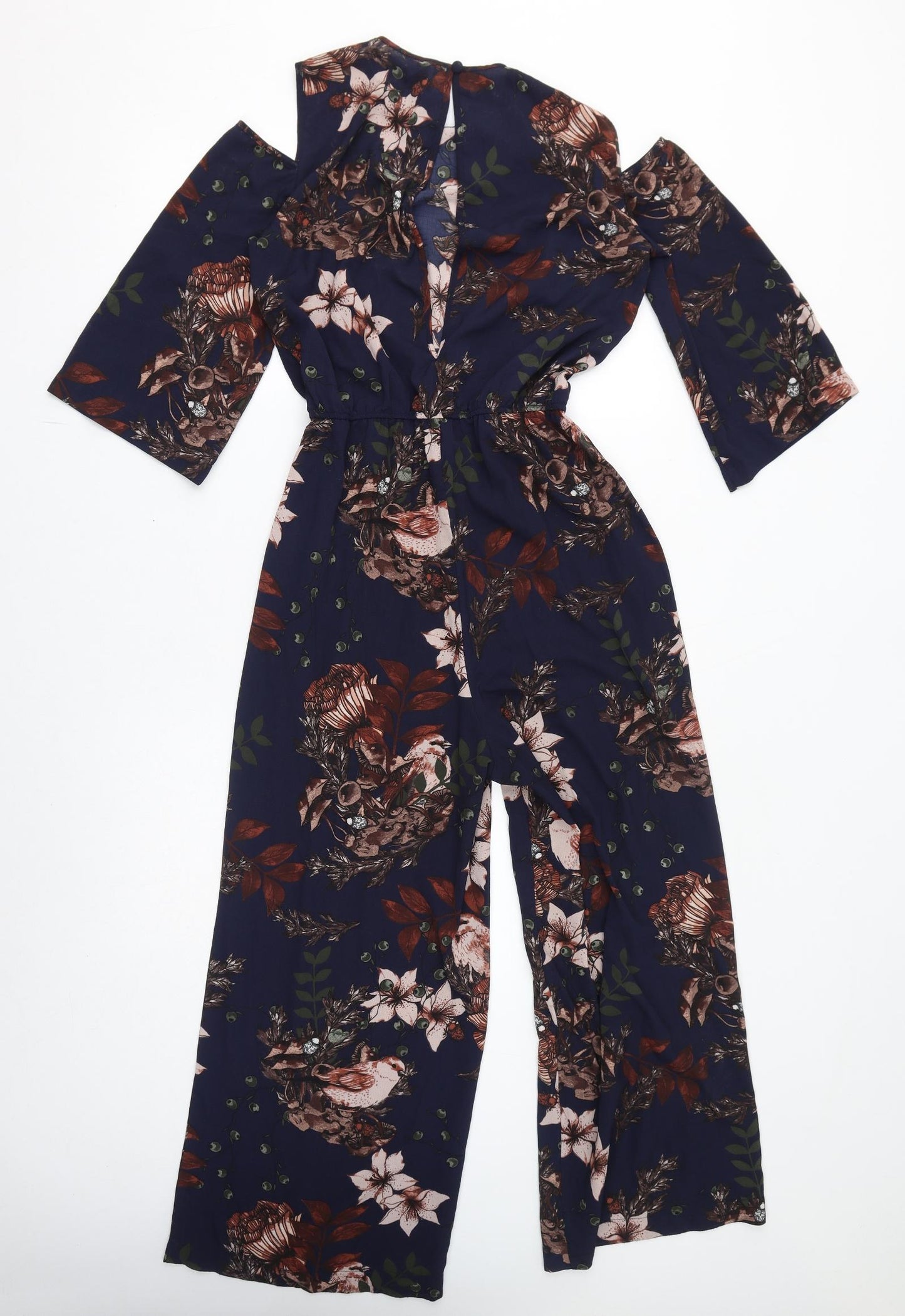 Y.A.S Womens Blue Floral Polyester Jumpsuit One-Piece Size S L25 in Button - Open Shoulder, Birds, Leaves