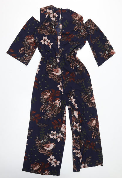 Y.A.S Womens Blue Floral Polyester Jumpsuit One-Piece Size S L25 in Button - Open Shoulder, Birds, Leaves