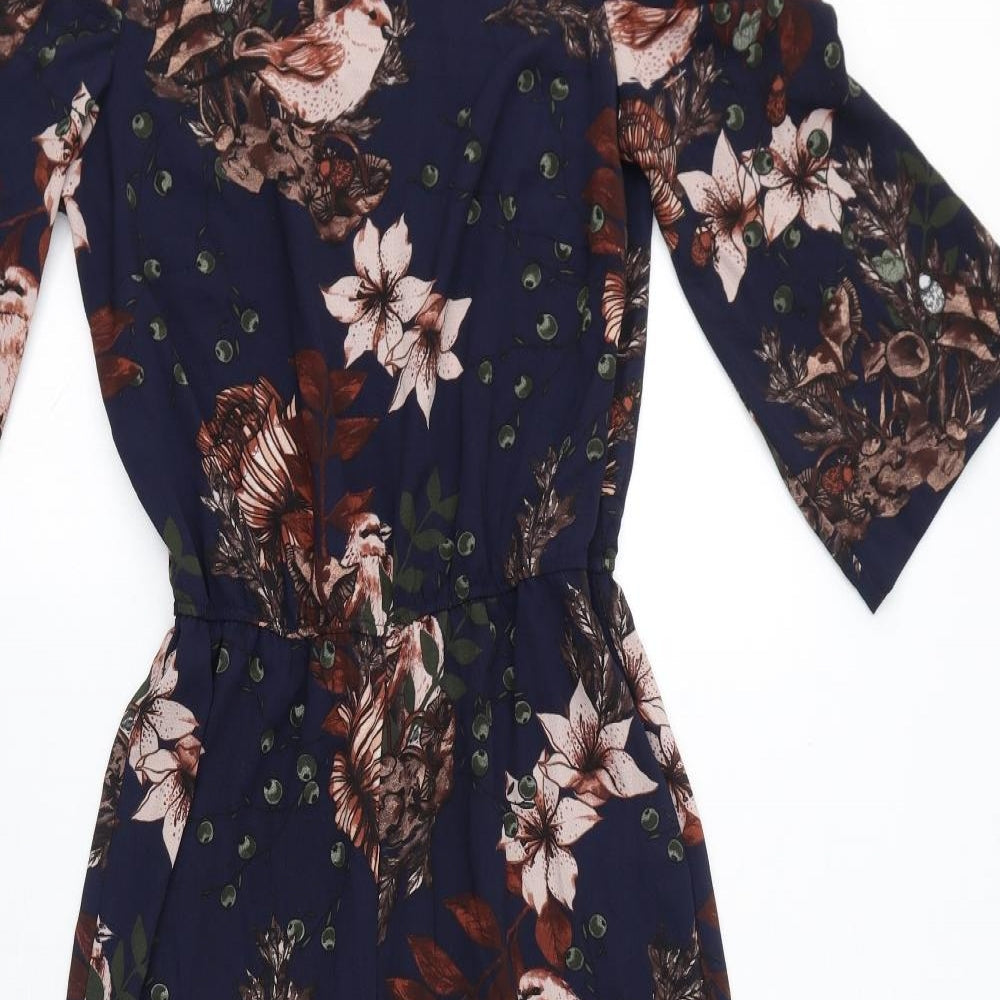 Y.A.S Womens Blue Floral Polyester Jumpsuit One-Piece Size S L25 in Button - Open Shoulder, Birds, Leaves