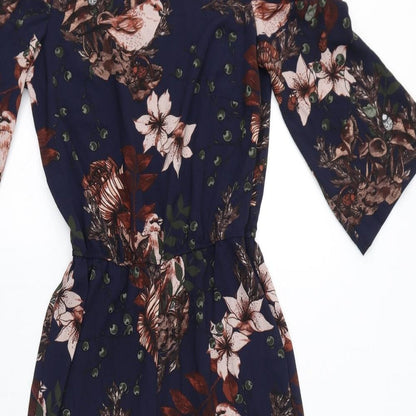 Y.A.S Womens Blue Floral Polyester Jumpsuit One-Piece Size S L25 in Button - Open Shoulder, Birds, Leaves