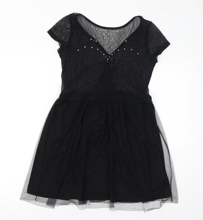 Stradivarius Womens Black Polyester A-Line Size L Round Neck Pullover - Mesh, Metal Embellishments