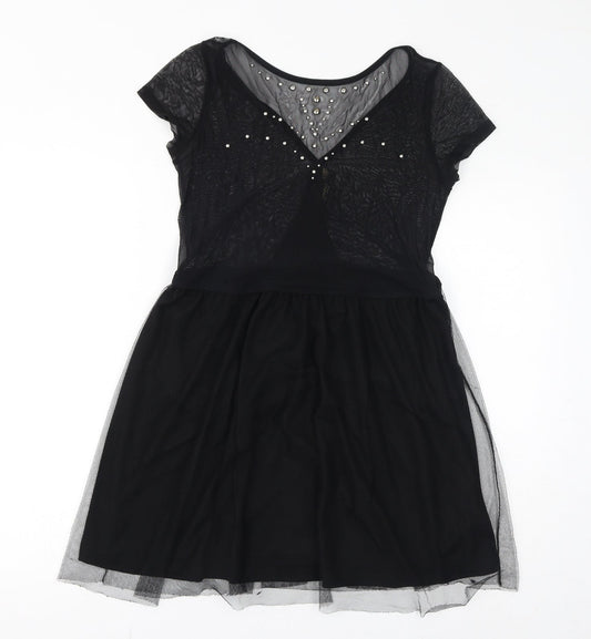 Stradivarius Womens Black Polyester A-Line Size L Round Neck Pullover - Mesh, Metal Embellishments