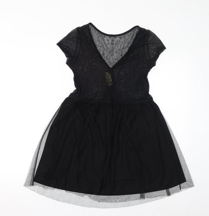 Stradivarius Womens Black Polyester A-Line Size L Round Neck Pullover - Mesh, Metal Embellishments