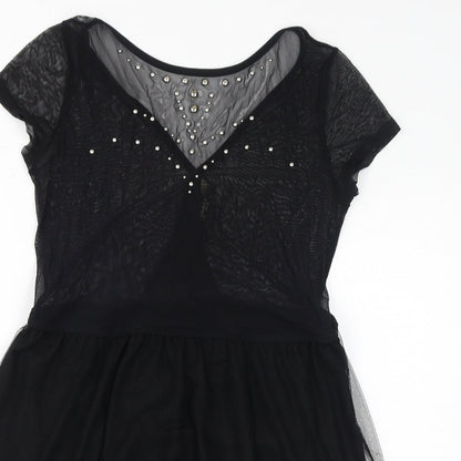 Stradivarius Womens Black Polyester A-Line Size L Round Neck Pullover - Mesh, Metal Embellishments